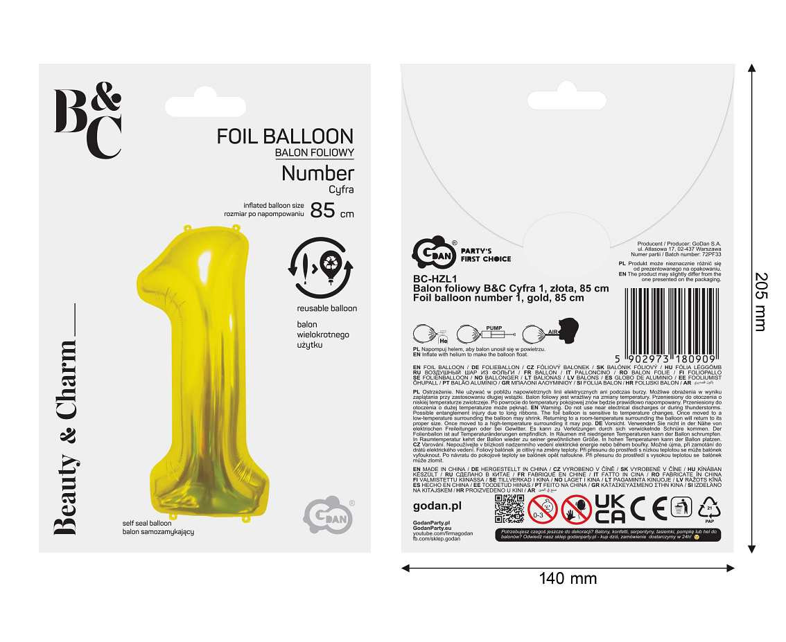 Foil Balloon B&C Number 1, Gold, 85 cm
